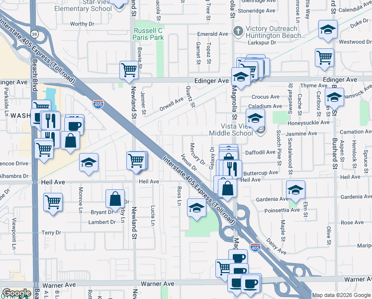 map of restaurants, bars, coffee shops, grocery stores, and more near 16271 Venus Drive in Westminster