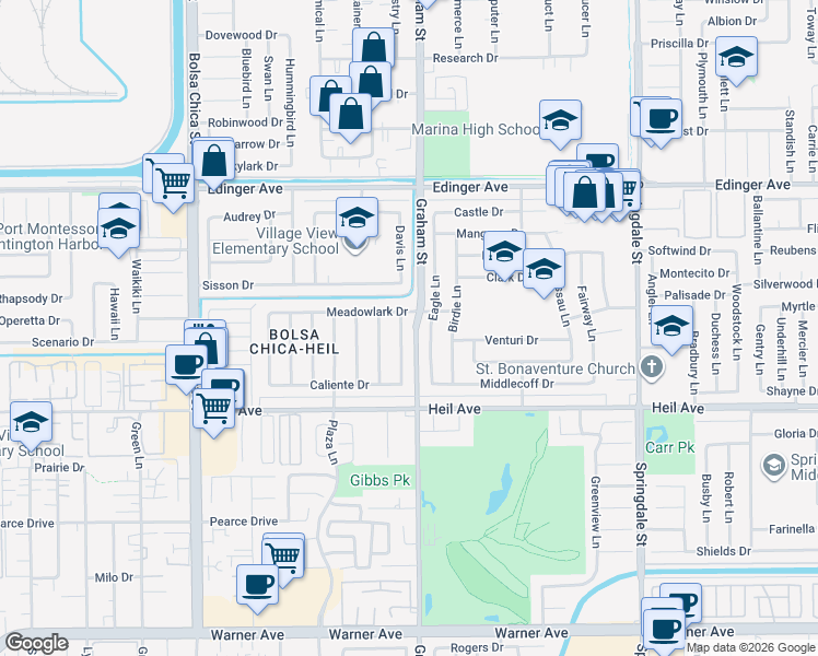 map of restaurants, bars, coffee shops, grocery stores, and more near 5421 Meadowlark Drive in Huntington Beach
