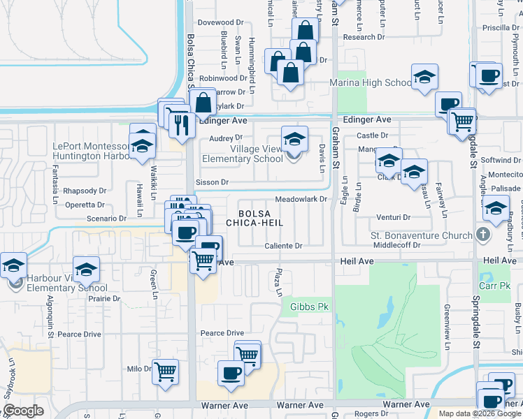 map of restaurants, bars, coffee shops, grocery stores, and more near 5261 Meadowlark Drive in Huntington Beach