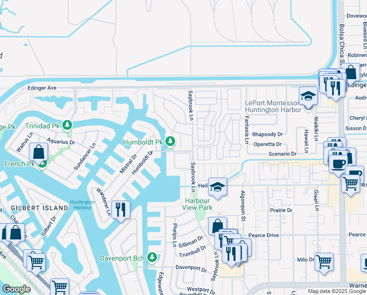 map of restaurants, bars, coffee shops, grocery stores, and more near 16261 Mandalay Circle in Huntington Beach