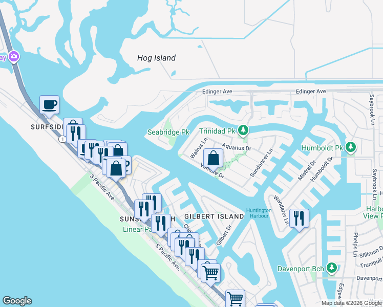 map of restaurants, bars, coffee shops, grocery stores, and more near 16261 Walrus Lane in Huntington Beach