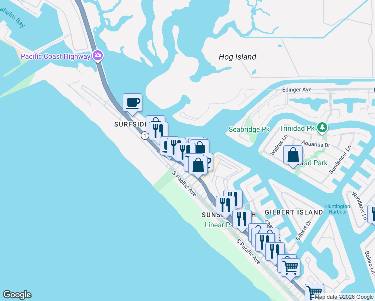 map of restaurants, bars, coffee shops, grocery stores, and more near 2872 Coast Circle in Huntington Beach