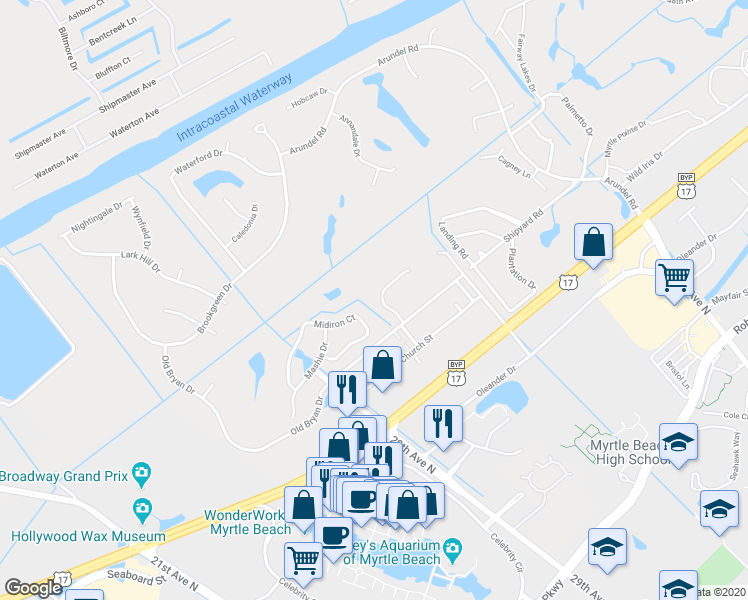map of restaurants, bars, coffee shops, grocery stores, and more near 17-A Shorewood Drive in Myrtle Beach