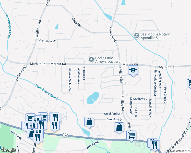 map of restaurants, bars, coffee shops, grocery stores, and more near 6193 Charring Cross Court in Lithonia