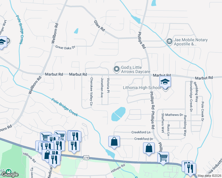 map of restaurants, bars, coffee shops, grocery stores, and more near 2139 Victoria Place in Lithonia