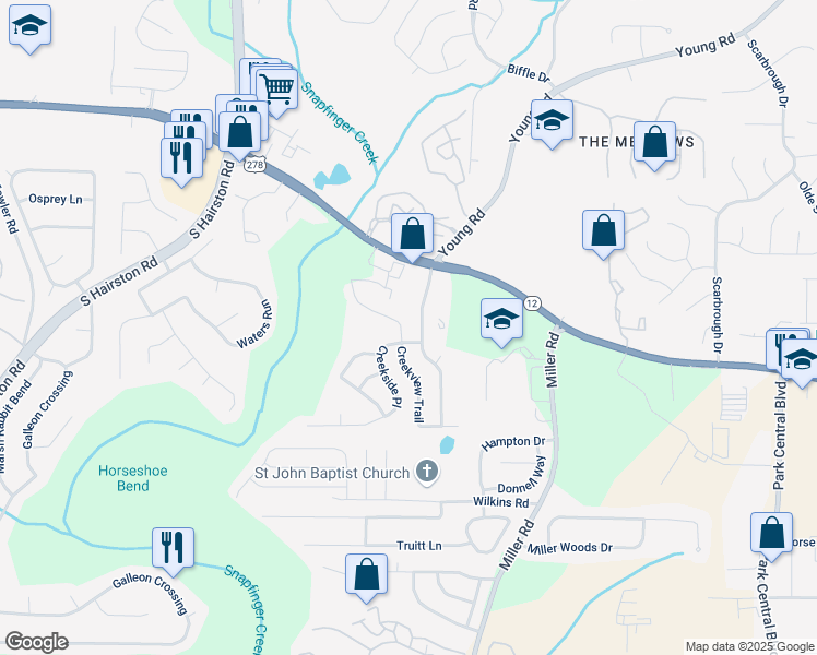 map of restaurants, bars, coffee shops, grocery stores, and more near 2172 Creekview Trail in Decatur