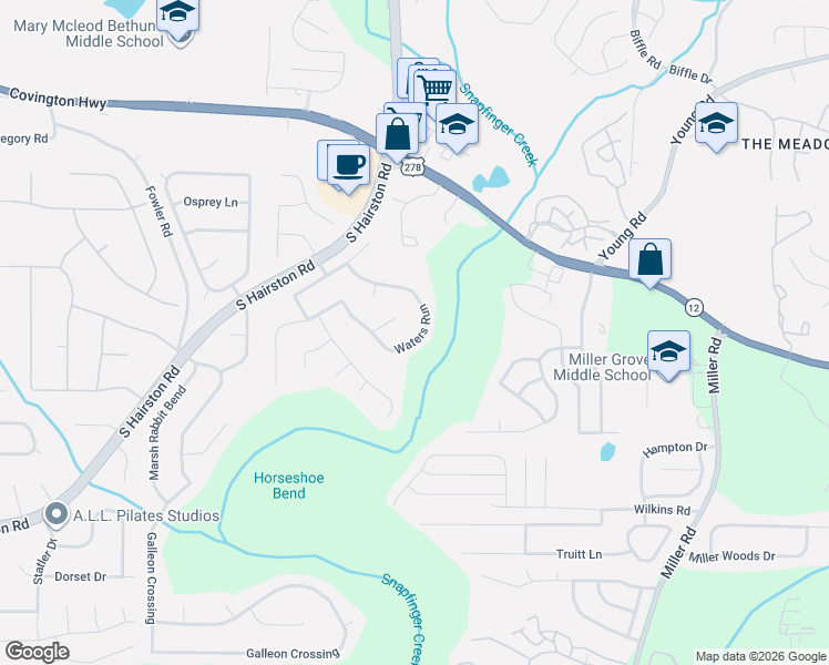 map of restaurants, bars, coffee shops, grocery stores, and more near 2231 Waters Run in Decatur