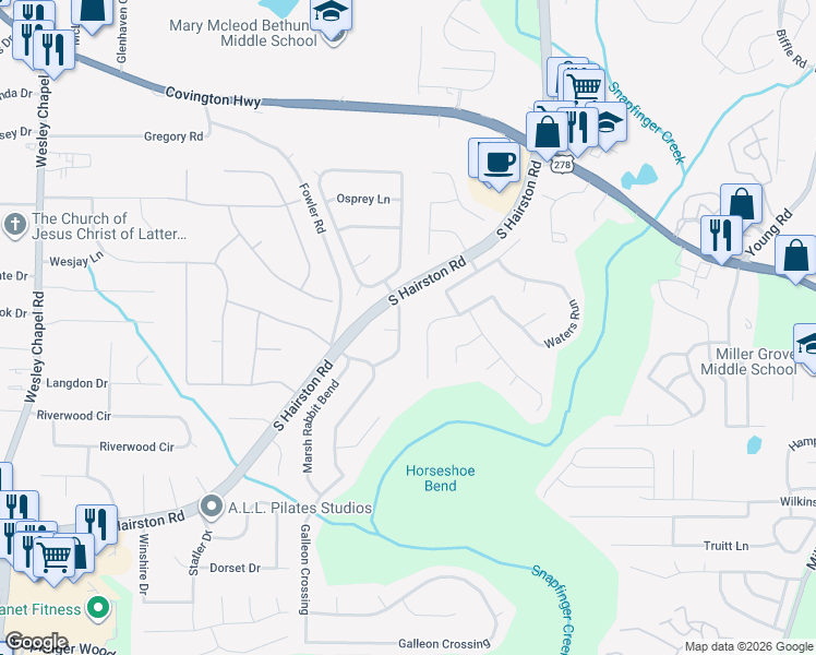 map of restaurants, bars, coffee shops, grocery stores, and more near 2350 Marsh Rabbit Lane in Decatur