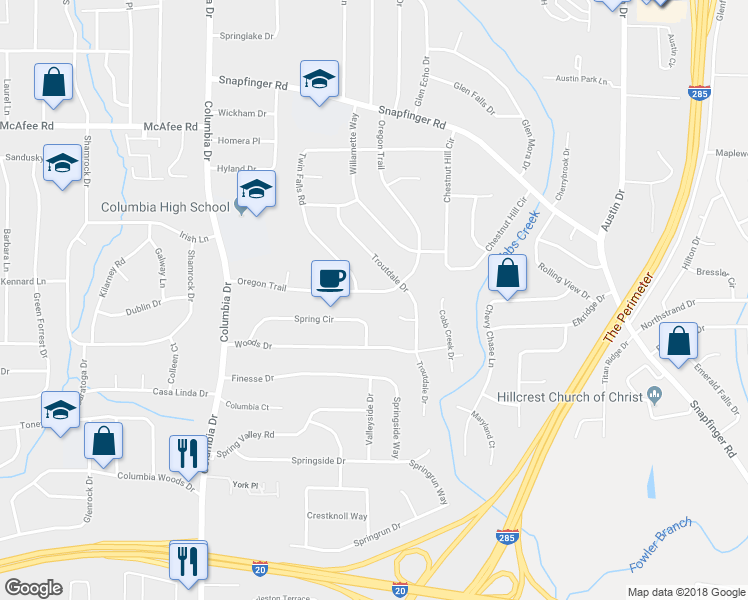 map of restaurants, bars, coffee shops, grocery stores, and more near 2147 Troutdale Drive in Decatur