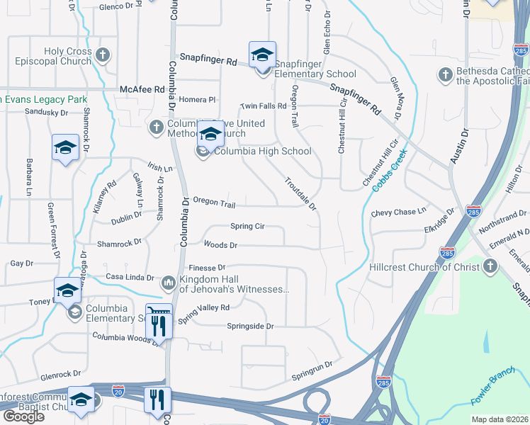 map of restaurants, bars, coffee shops, grocery stores, and more near 2169 Twin Falls Road in Decatur