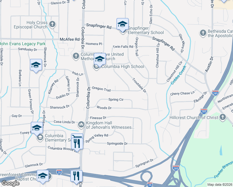 map of restaurants, bars, coffee shops, grocery stores, and more near 2172 Oregon Court in Decatur