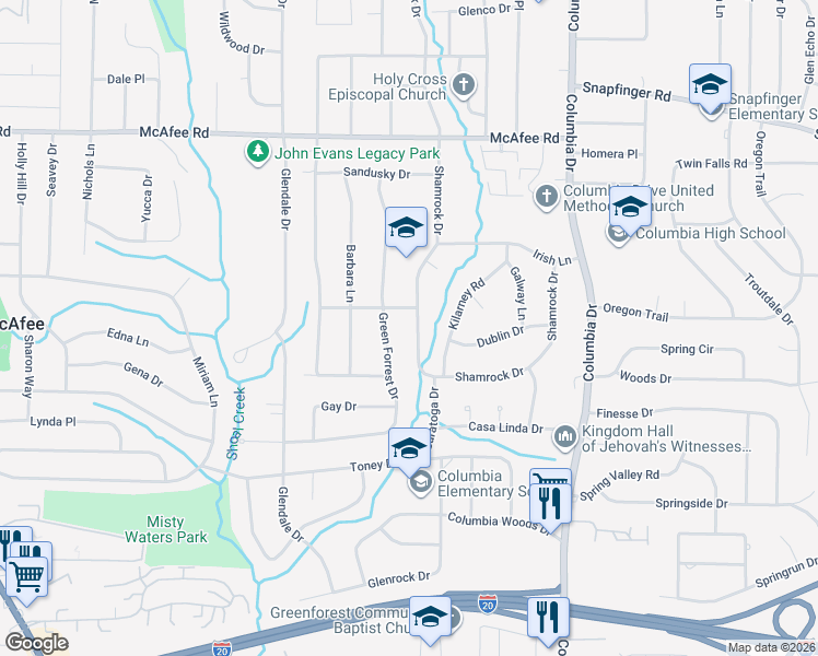 map of restaurants, bars, coffee shops, grocery stores, and more near 2178 Shamrock Drive in Decatur