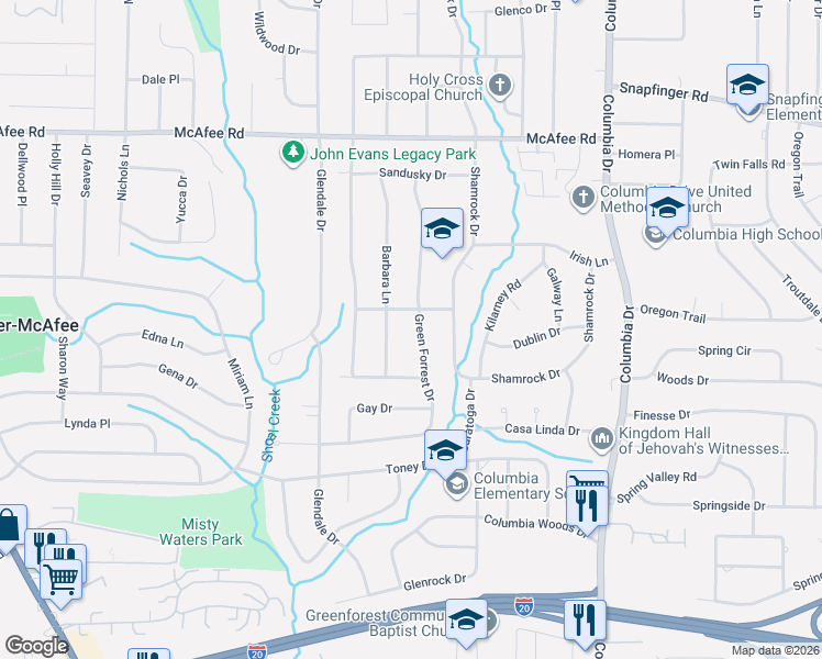 map of restaurants, bars, coffee shops, grocery stores, and more near in Candler-McAfee