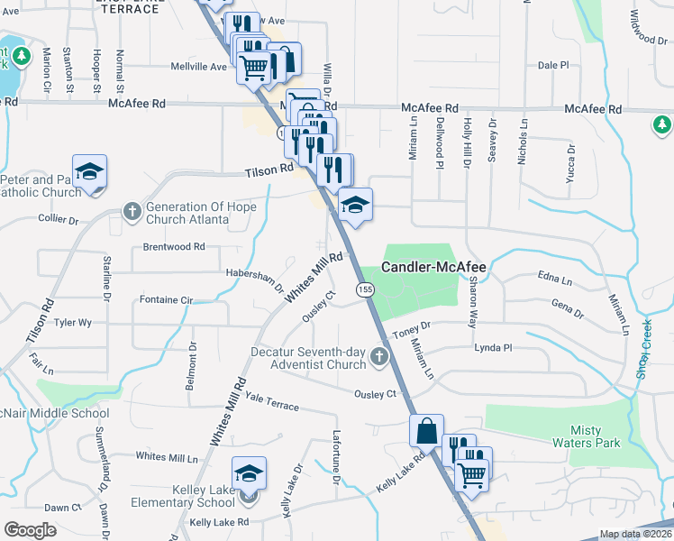 map of restaurants, bars, coffee shops, grocery stores, and more near 2077 Whites Mill Road in Decatur