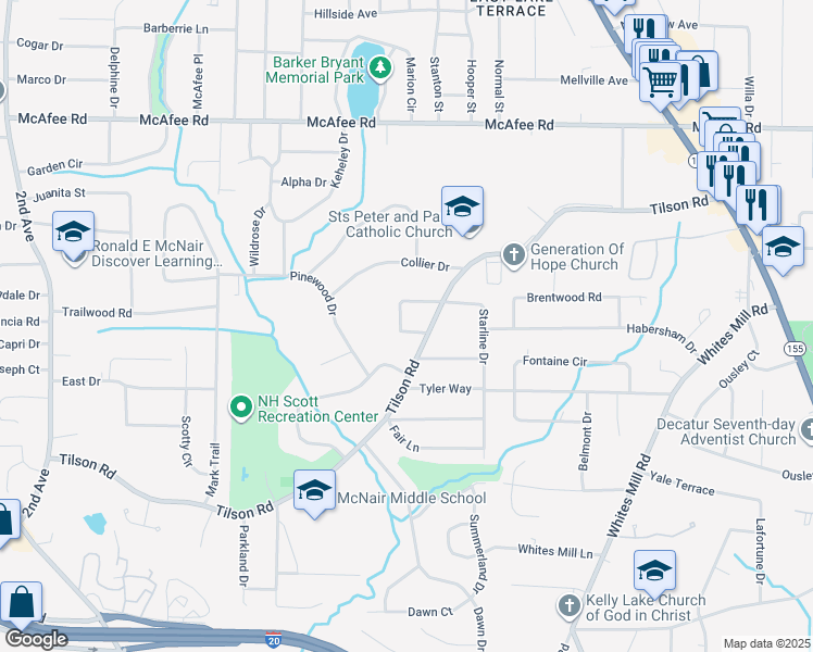 map of restaurants, bars, coffee shops, grocery stores, and more near 2113 Bixler Circle in Decatur