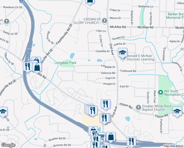 map of restaurants, bars, coffee shops, grocery stores, and more near 1910 Valencia Road in Decatur
