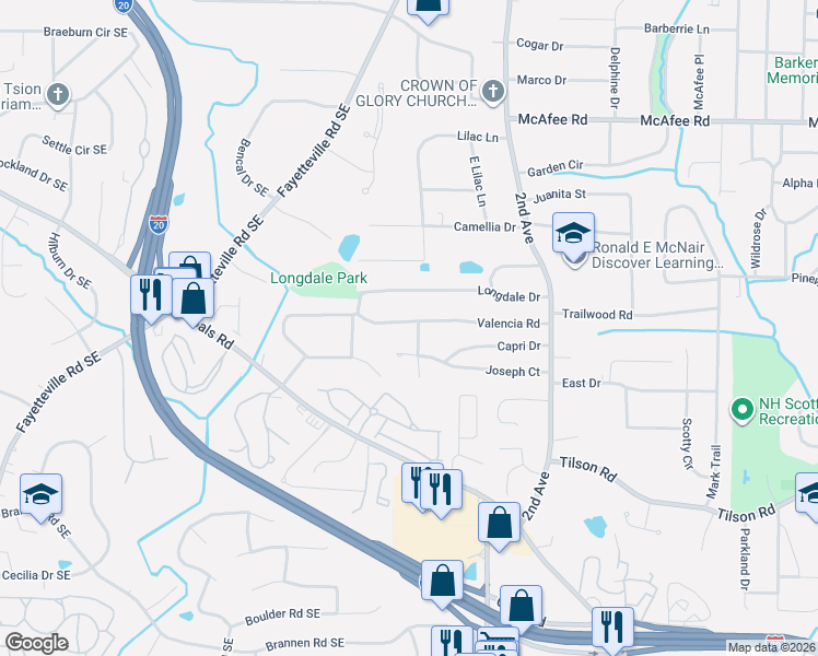 map of restaurants, bars, coffee shops, grocery stores, and more near 1874 Valencia Road in Decatur