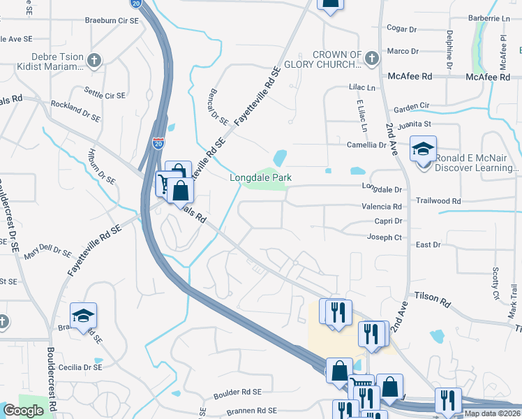 map of restaurants, bars, coffee shops, grocery stores, and more near 1802 Valencia Road in Decatur
