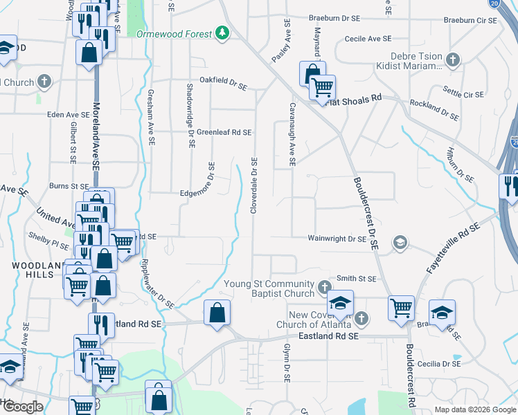 map of restaurants, bars, coffee shops, grocery stores, and more near 2204 Cloverdale Drive Southeast in Atlanta
