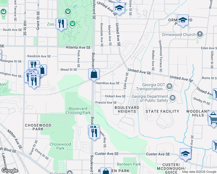 map of restaurants, bars, coffee shops, grocery stores, and more near 668 Schuyler Avenue Southeast in Atlanta