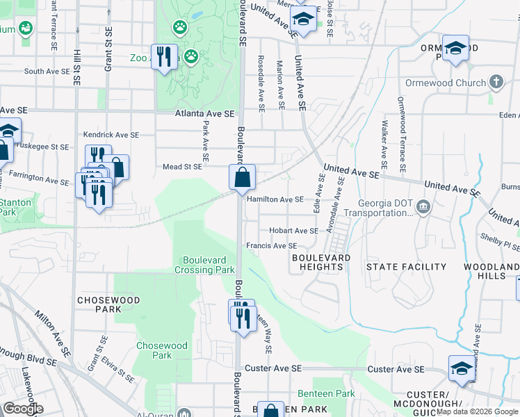 map of restaurants, bars, coffee shops, grocery stores, and more near 632 Hamilton Avenue Southeast in Atlanta