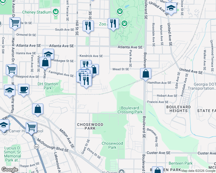 map of restaurants, bars, coffee shops, grocery stores, and more near 400 Grant Cir SE in Atlanta