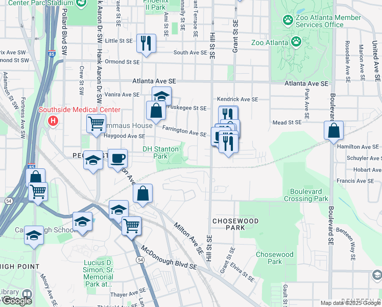 map of restaurants, bars, coffee shops, grocery stores, and more near 1060 Grant Way Southeast in Atlanta