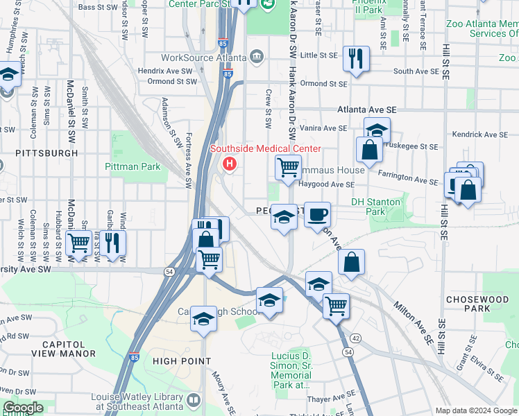map of restaurants, bars, coffee shops, grocery stores, and more near 59 Pope Street Southwest in Atlanta