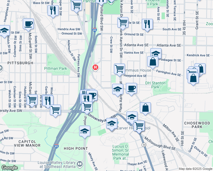 map of restaurants, bars, coffee shops, grocery stores, and more near 59 Pope Street Southwest in Atlanta