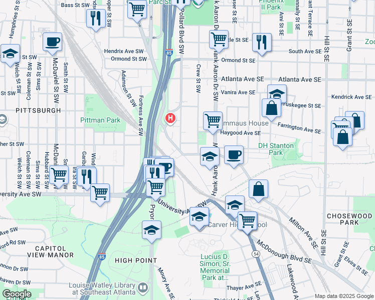 map of restaurants, bars, coffee shops, grocery stores, and more near 59 Pope Street Southwest in Atlanta