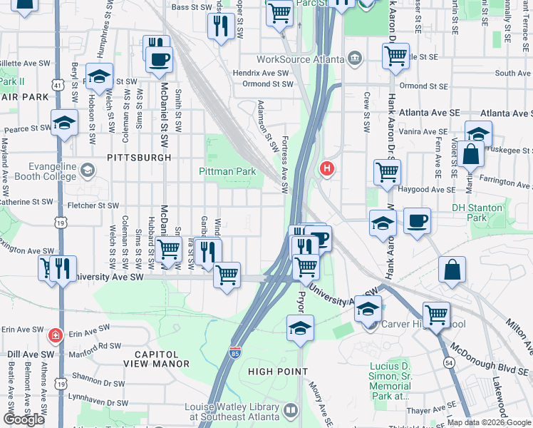 map of restaurants, bars, coffee shops, grocery stores, and more near 1049 West Avenue Southwest in Atlanta