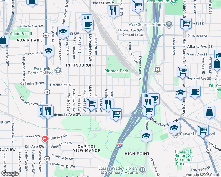 map of restaurants, bars, coffee shops, grocery stores, and more near 1054 Garibaldi Street Southwest in Atlanta