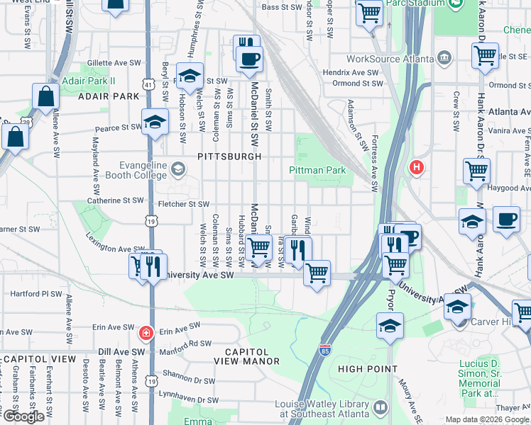 map of restaurants, bars, coffee shops, grocery stores, and more near 1048 Smith Street Southwest in Atlanta