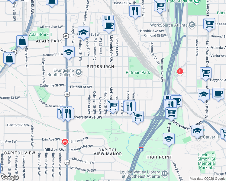 map of restaurants, bars, coffee shops, grocery stores, and more near 1058 Hubbard Street Southwest in Atlanta