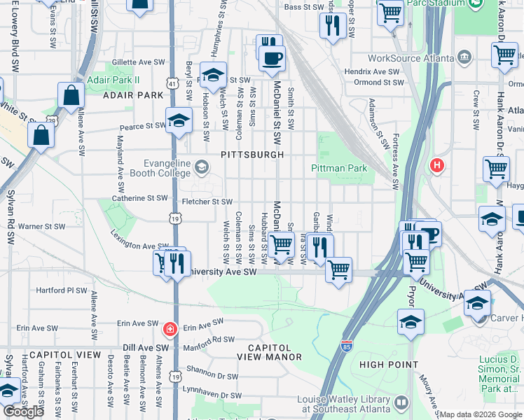 map of restaurants, bars, coffee shops, grocery stores, and more near 1058 Hubbard Street Southwest in Atlanta