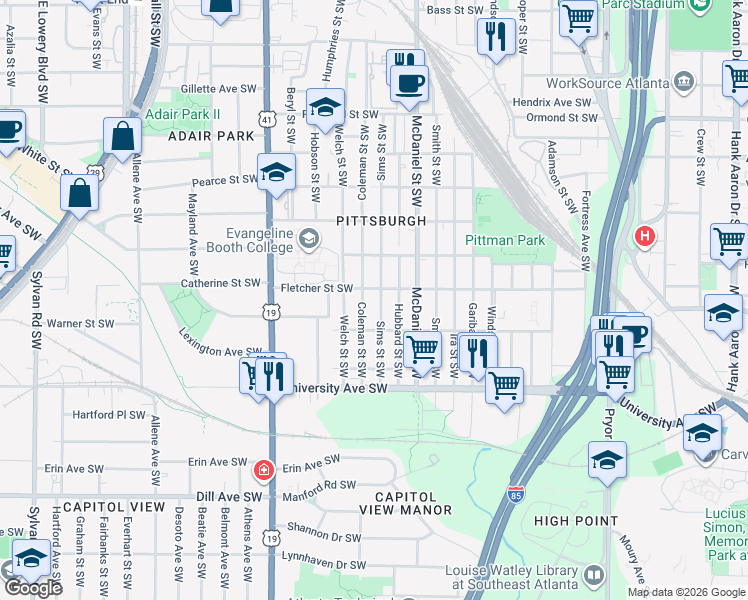 map of restaurants, bars, coffee shops, grocery stores, and more near 1059 Sims Street Southwest in Atlanta