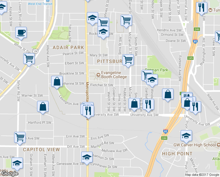map of restaurants, bars, coffee shops, grocery stores, and more near 1060 Welch Street Southwest in Atlanta