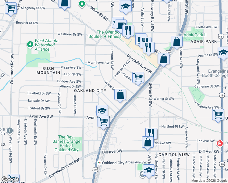 map of restaurants, bars, coffee shops, grocery stores, and more near 1085 White Oak Avenue Southwest in Atlanta