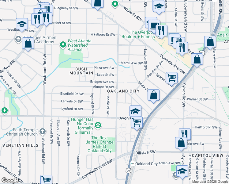 map of restaurants, bars, coffee shops, grocery stores, and more near 1215 Almont Drive Southwest in Atlanta