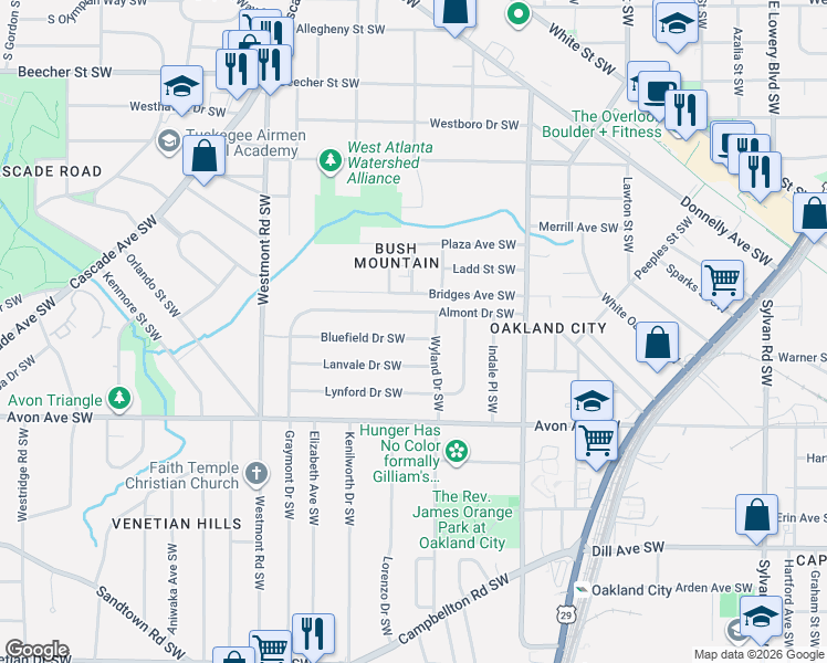 map of restaurants, bars, coffee shops, grocery stores, and more near 1345 Almont Drive Southwest in Atlanta