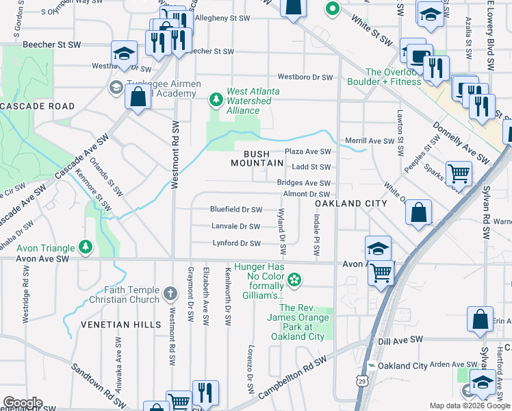 map of restaurants, bars, coffee shops, grocery stores, and more near 1345 Almont Drive Southwest in Atlanta