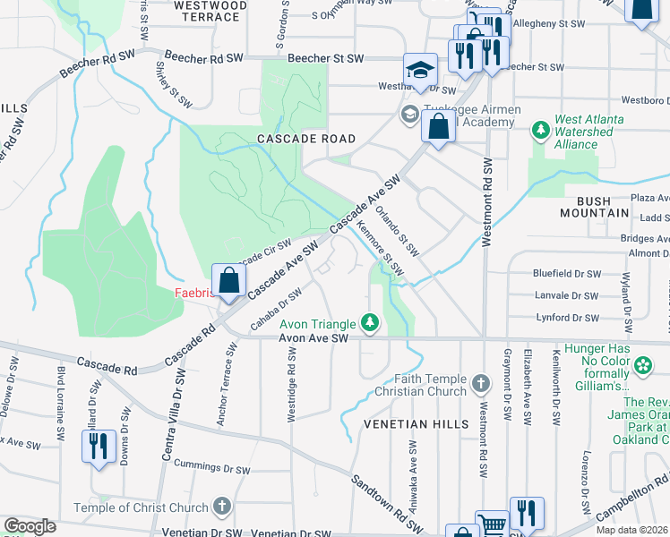 map of restaurants, bars, coffee shops, grocery stores, and more near 24 Belmonte Circle Southwest in Atlanta