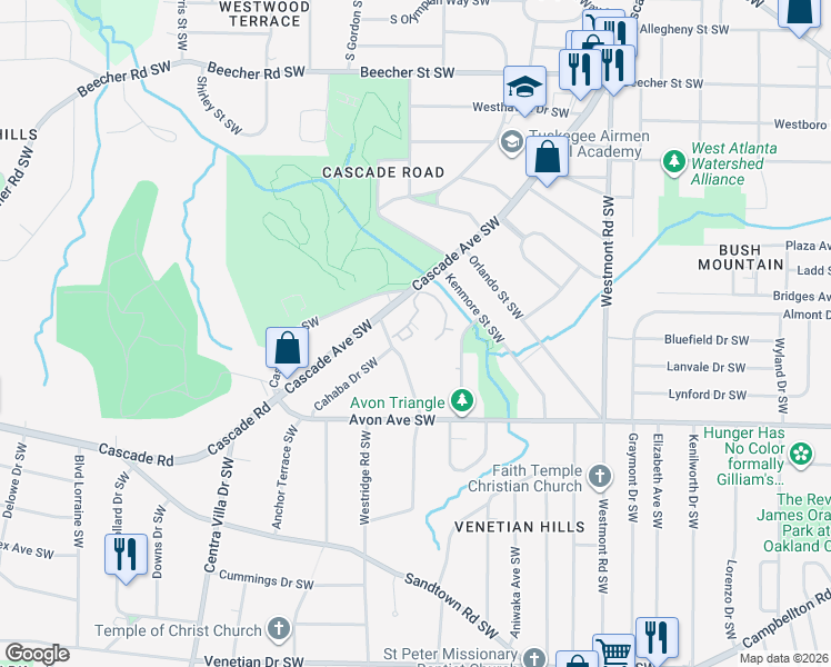 map of restaurants, bars, coffee shops, grocery stores, and more near 24 Belmonte Circle Southwest in Atlanta