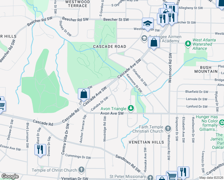 map of restaurants, bars, coffee shops, grocery stores, and more near 24 Belmonte Circle Southwest in Atlanta