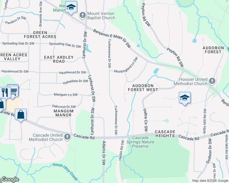 map of restaurants, bars, coffee shops, grocery stores, and more near 1101 North Shore Drive Southwest in Atlanta
