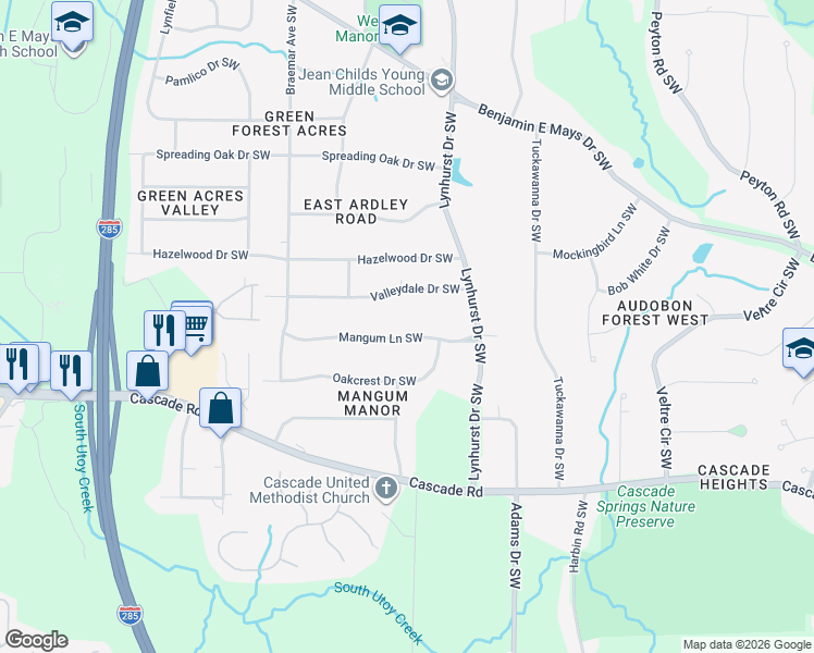 map of restaurants, bars, coffee shops, grocery stores, and more near 3136 Valleydale Drive Southwest in Atlanta