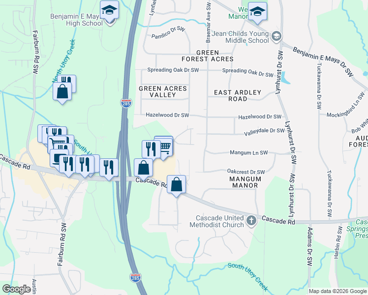 map of restaurants, bars, coffee shops, grocery stores, and more near 3363 Regent Place Southwest in Atlanta