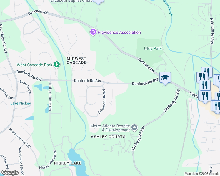map of restaurants, bars, coffee shops, grocery stores, and more near 4181 Danforth Road Southwest in Atlanta