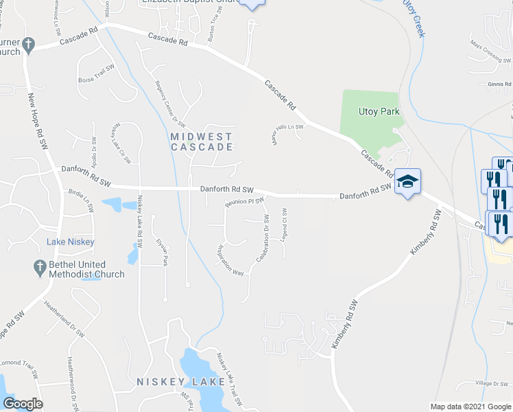 map of restaurants, bars, coffee shops, grocery stores, and more near 955 Reunion Place Southwest in Atlanta