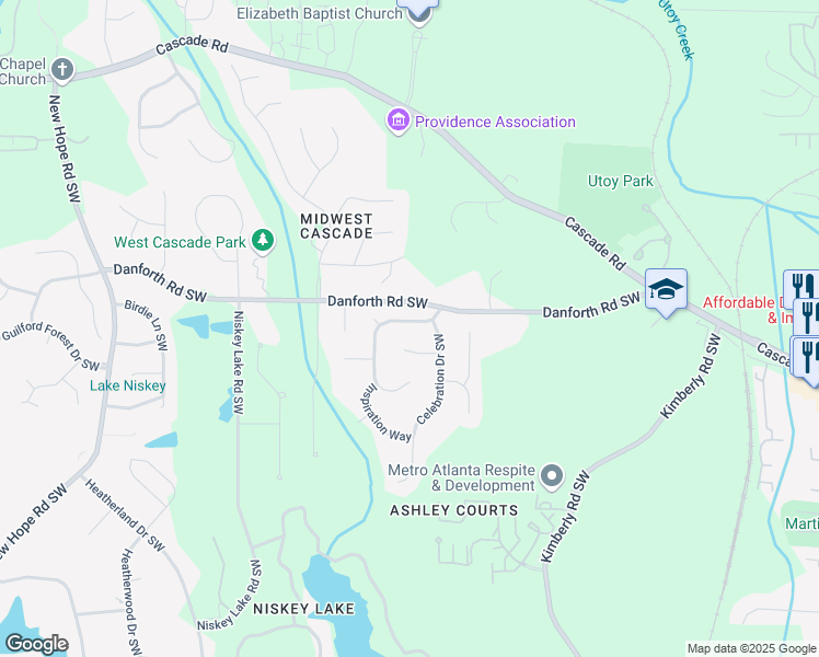 map of restaurants, bars, coffee shops, grocery stores, and more near 955 Reunion Place Southwest in Atlanta